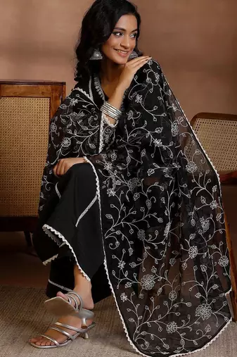 floral yoke design panelled sequinned kurta with trousers & dupatta