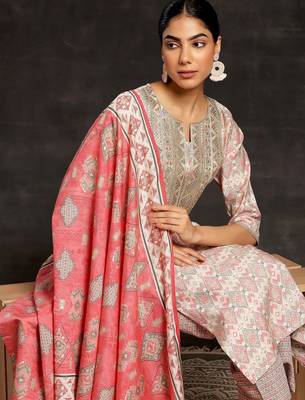 beige ethnic motifs printed sequinned straight kurta with palazzos & dupatta 2