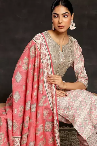 beige ethnic motifs printed sequinned straight kurta with palazzos & dupatta