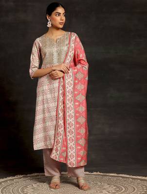 beige ethnic motifs printed sequinned straight kurta with palazzos & dupatta 1