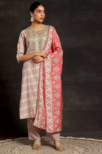 beige ethnic motifs printed sequinned straight kurta with palazzos & dupatta