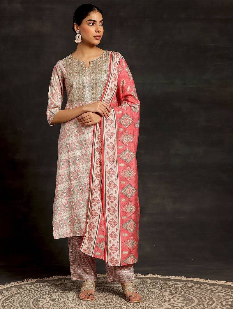 beige ethnic motifs printed sequinned straight kurta with palazzos & dupatta