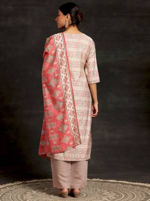 beige ethnic motifs printed sequinned straight kurta with palazzos & dupatta 3