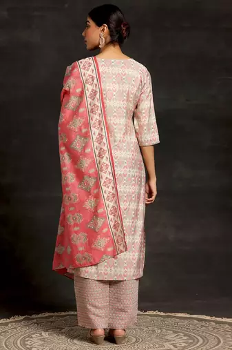 beige ethnic motifs printed sequinned straight kurta with palazzos & dupatta