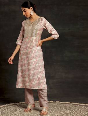 beige ethnic motifs printed sequinned straight kurta with palazzos & dupatta 4