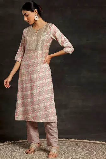 beige ethnic motifs printed sequinned straight kurta with palazzos & dupatta