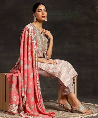 beige ethnic motifs printed sequinned straight kurta with palazzos & dupatta 5
