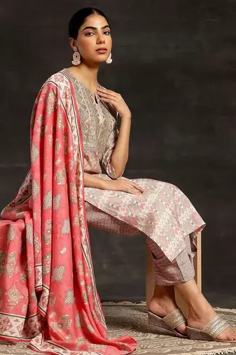 beige ethnic motifs printed sequinned straight kurta with palazzos & dupatta