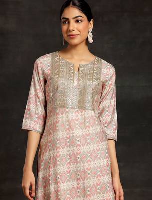 beige ethnic motifs printed sequinned straight kurta with palazzos & dupatta 6
