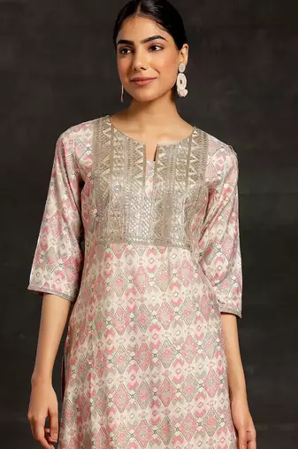 beige ethnic motifs printed sequinned straight kurta with palazzos & dupatta
