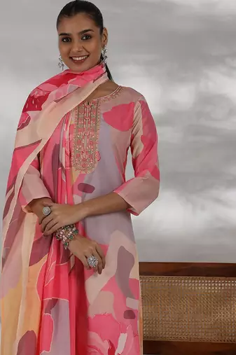 floral printed regular thread work straight kurta with trousers with dupatta