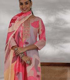 floral printed regular thread work straight kurta with trousers with dupatta