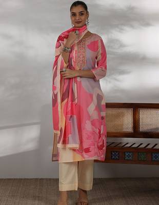 floral printed regular thread work straight kurta with trousers with dupatta 1