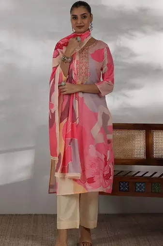 floral printed regular thread work straight kurta with trousers with dupatta