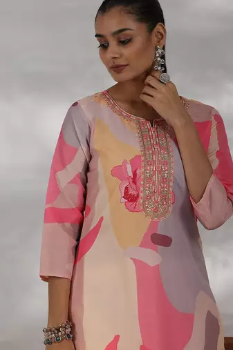 floral printed regular thread work straight kurta with trousers with dupatta