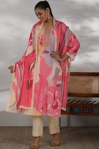 floral printed regular thread work straight kurta with trousers with dupatta