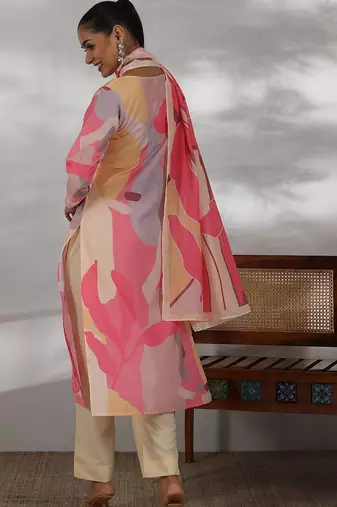 floral printed regular thread work straight kurta with trousers with dupatta