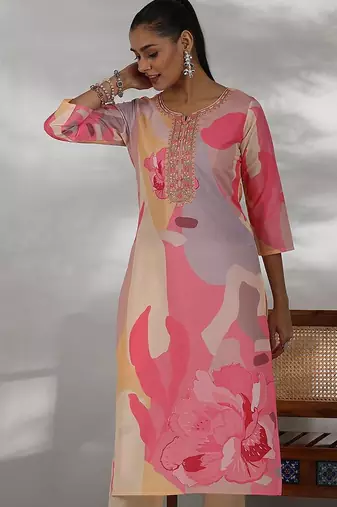 floral printed regular thread work straight kurta with trousers with dupatta
