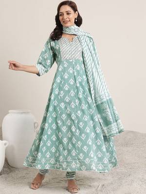 womens green printed cotton anarkali kurta with churidar & dupatta 1