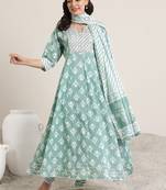 womens green printed cotton anarkali kurta with churidar & dupatta