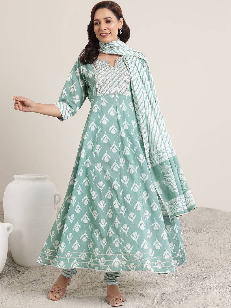 womens green printed cotton anarkali kurta with churidar & dupatta