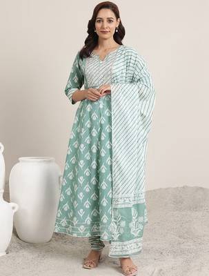 womens green printed cotton anarkali kurta with churidar & dupatta 2