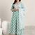 womens green printed cotton anarkali kurta with churidar & dupatta