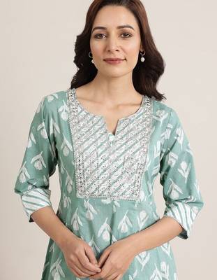 womens green printed cotton anarkali kurta with churidar & dupatta 3