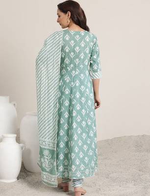 womens green printed cotton anarkali kurta with churidar & dupatta 5