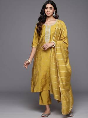 floral embroidered straight zari work kurta with trousers & dupatta 1