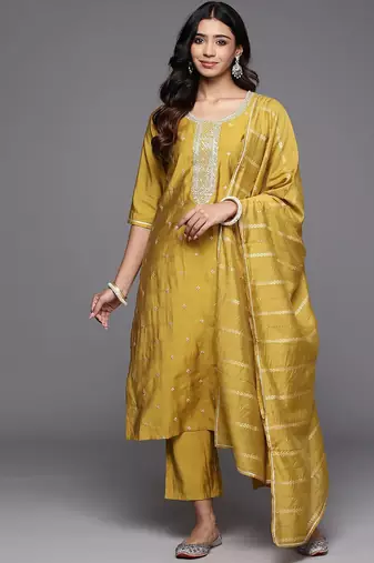 floral embroidered straight zari work kurta with trousers & dupatta