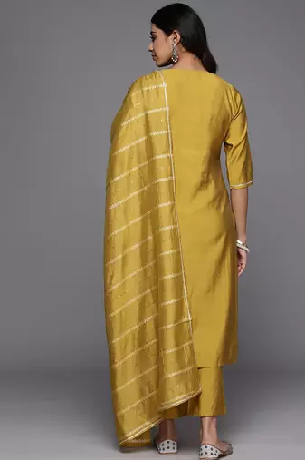 floral embroidered straight zari work kurta with trousers & dupatta