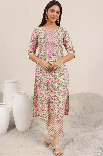 women floral printed regular thread work kurta with trousers