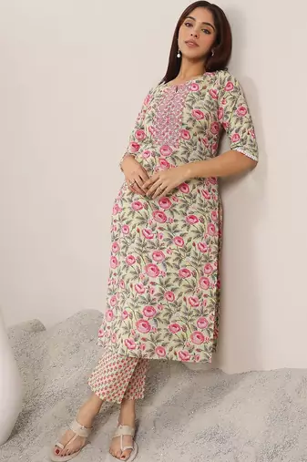 women floral printed regular thread work kurta with trousers