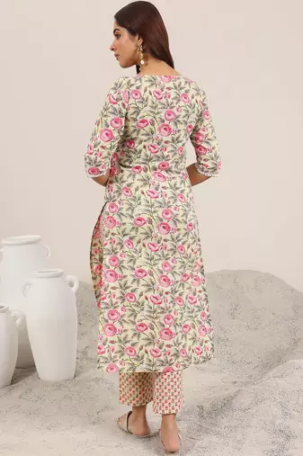 women floral printed regular thread work kurta with trousers
