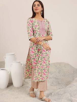 women floral printed regular thread work kurta with trousers 7