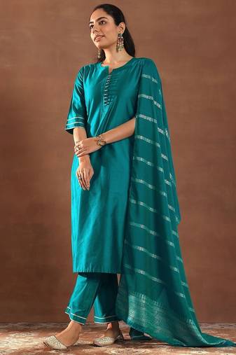 round neck gotta patti straight kurta with trousers & dupatta