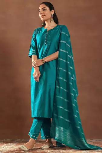 round neck gotta patti straight kurta with trousers & dupatta