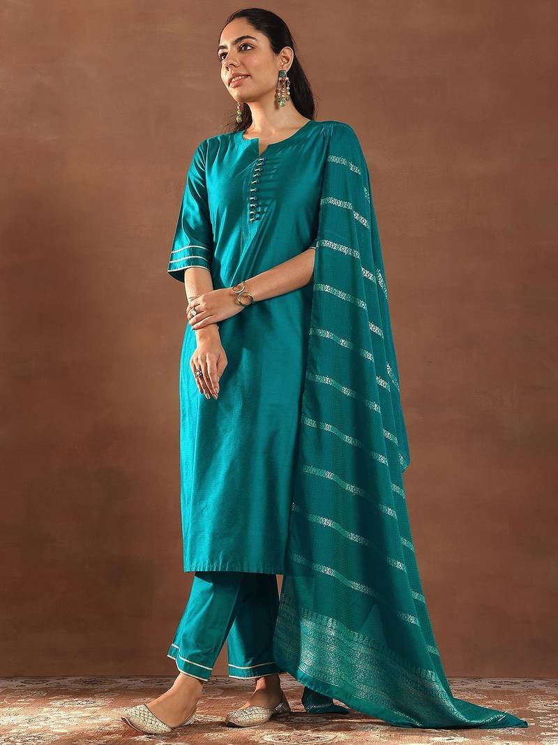 round neck gotta patti straight kurta with trousers & dupatta