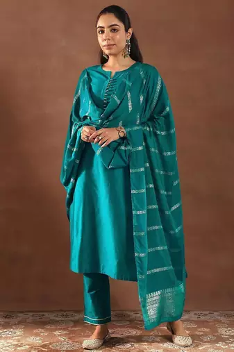 round neck gotta patti straight kurta with trousers & dupatta