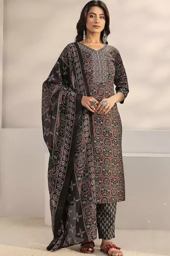 women ethnic motifs printed regular kurta with trousers & with dupatta
