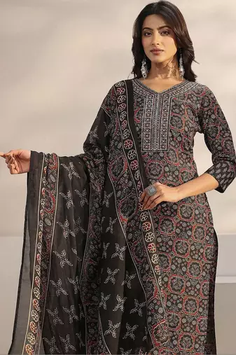 women ethnic motifs printed regular kurta with trousers & with dupatta