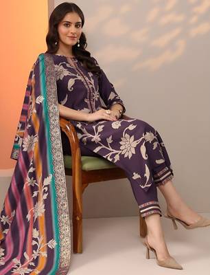 floral printed notch-neck thread work straight kurta & trousers with dupatta 1