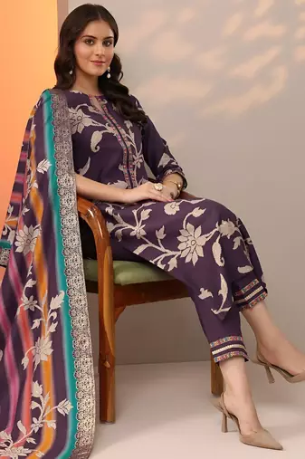 floral printed notch-neck thread work straight kurta & trousers with dupatta