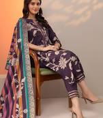 floral printed notch-neck thread work straight kurta & trousers with dupatta