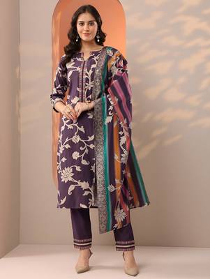 floral printed notch-neck thread work straight kurta & trousers with dupatta 2