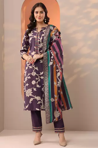 floral printed notch-neck thread work straight kurta & trousers with dupatta