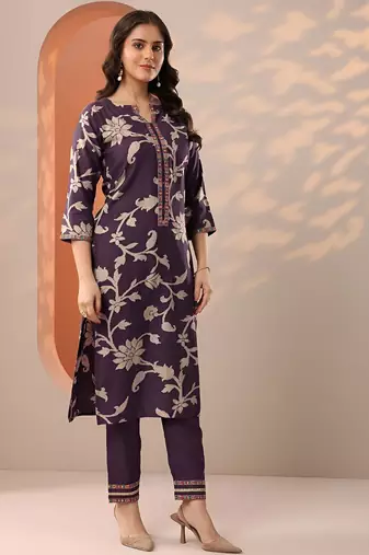 floral printed notch-neck thread work straight kurta & trousers with dupatta