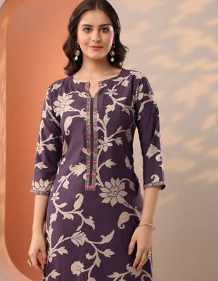 floral printed notch-neck thread work straight kurta & trousers with dupatta 5
