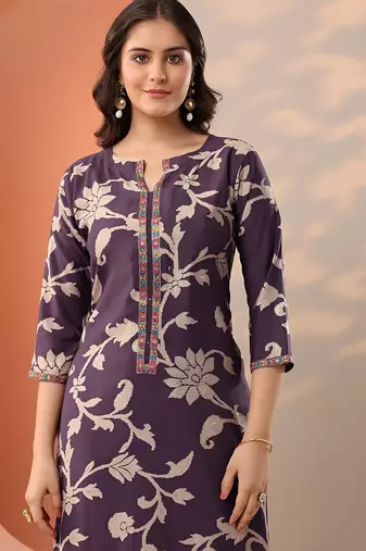 floral printed notch-neck thread work straight kurta & trousers with dupatta